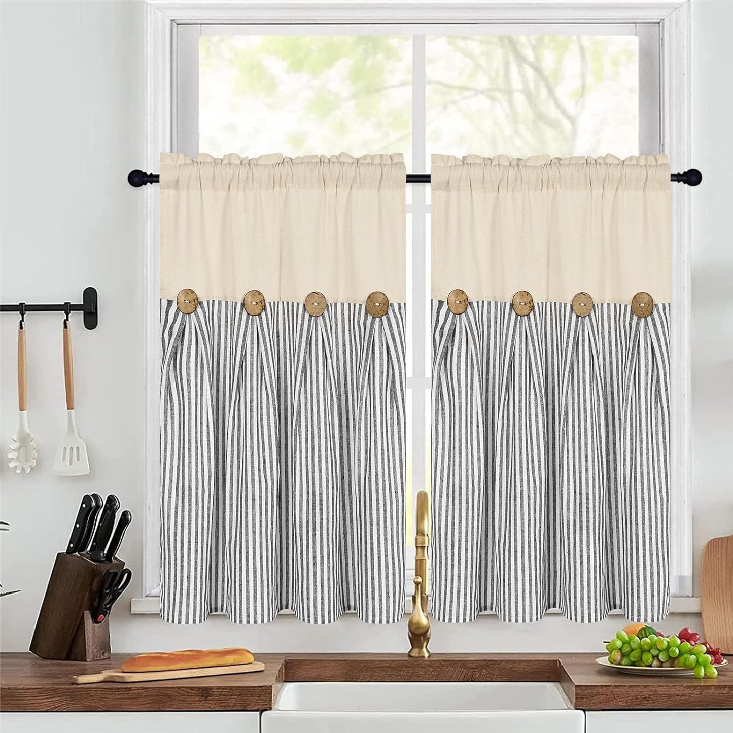 Alishomtll Stripe Kitchen Curtains 8 Button Linen Cotton Window Curtains Sets 36 Inches Long ,Rod Pocket