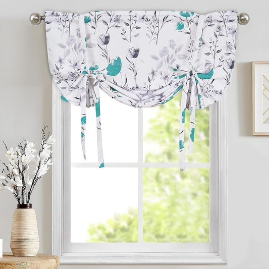 Alishomtll Teal Gray Watercolor Floral Printed Balloon Adjustable Tie Up Valances Curtains, 42 x 63 Inch