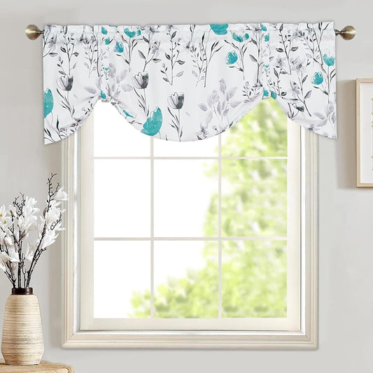 Alishomtll Teal Gray Watercolor Floral Printed Tie Up Valances Curtains Window Drapes, 54 x 18 Inch