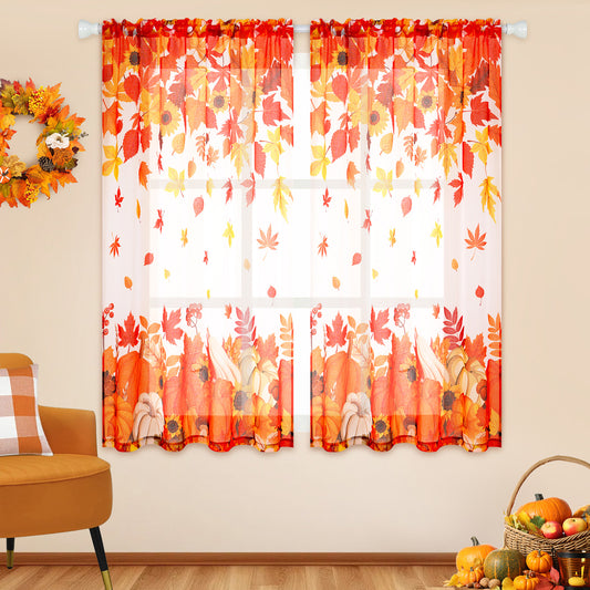 Alishomtll Fall Thanksgiving Curtains Autumn Pumpkin 63 Inch Length Falling Maple Leaves Semi Sheer Voile Window Drapes