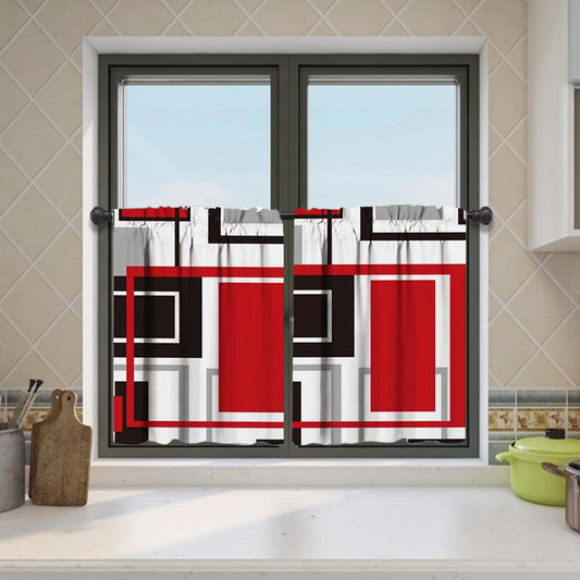 Alishomtll Tiers Curtains 24 inch Length for Kitchen Abstract Geometric Print Short Window Curtain,Set of 2 Tiers,Red and Black