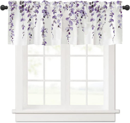 Alishomtll Valance Curtains for Living Room Bedroom Kitchen Windows Grey Purple Watercolor Leaves Print ,52 x 18 inch,Rod Pocket
