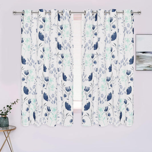 Alishomtll Watercolor Gray Blue Floral Window Curtains for Living Room Light-filtering Grommet Drapes, 52"x 63",Set of 2