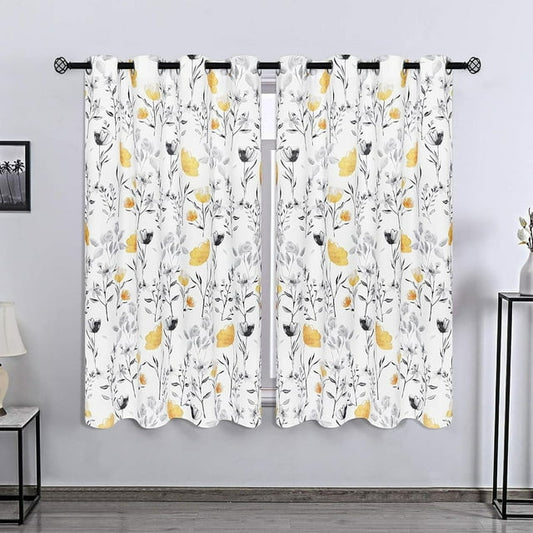 Alishomtll Watercolor Gray Yellow Floral Window Curtains for Living Room Light-filtering Grommet Drapes, 52"x 63",Set of 2