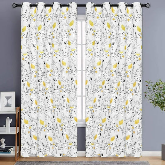 Alishomtll Watercolor Gray Yellow Floral Window Curtains for Living Room Light-filtering Grommet Drapes, 52"x 84",Set of 2