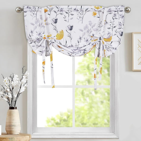 Alishomtll Yellow Gray Watercolor Floral Printed Balloon Adjustable Tie Up Valances Curtains, 42 x 63 Inch
