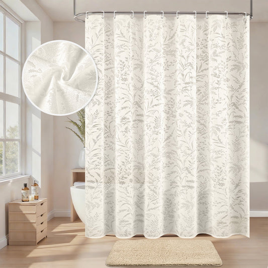 FRAMICS Vintage Lace Shower Curtain Sets with Rug and Hooks, Waterproof Fabric Semi Sheer Leaf Floral Bathroom Sets, Mold Resistant, Beige