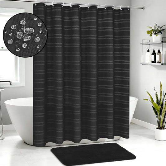 FRAMICS Heavy-Duty Waffle Weave Shower Curtain Sets with Rug, 14-Piece Striped Fabric Bathroom Sets with Hooks, Hotel Grade, Waterproof & Washable, Black, 71.3" x 71.3"