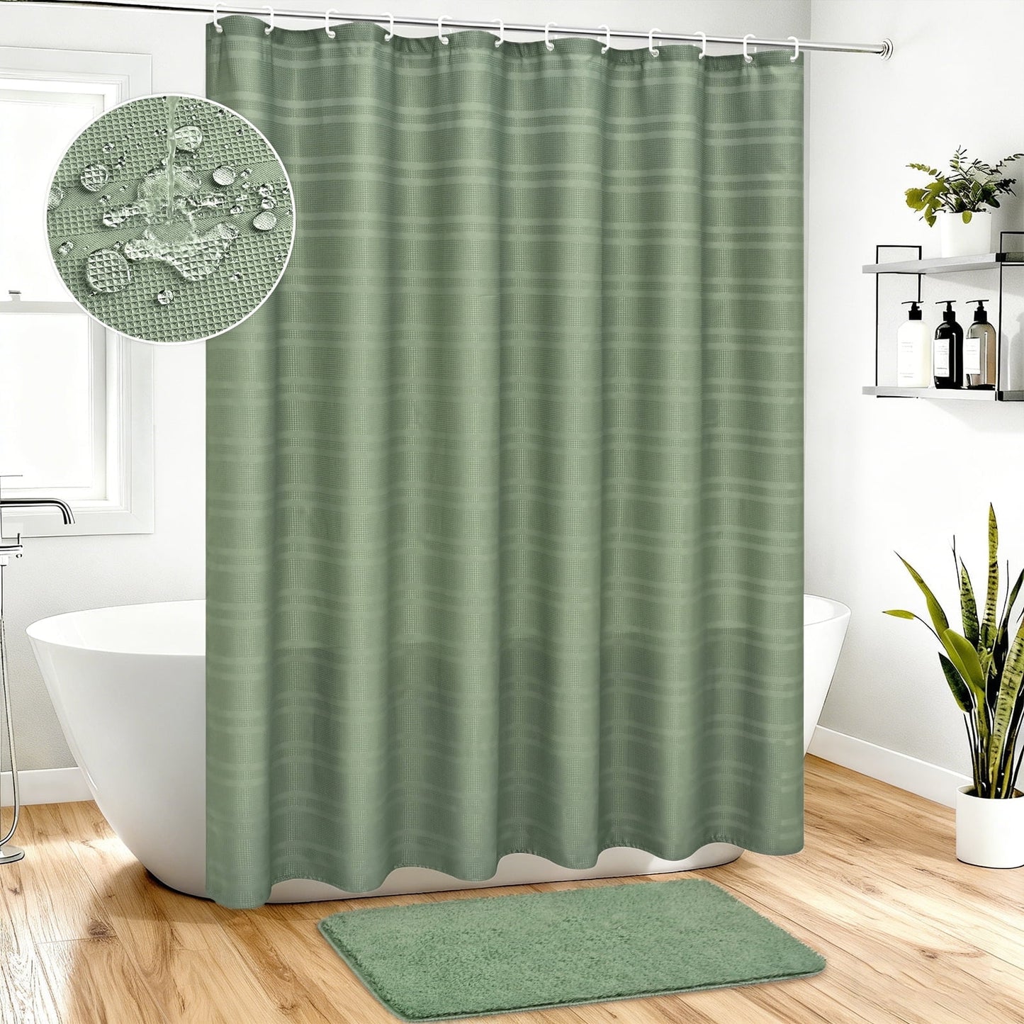 FRAMICS Waffle Weave Shower Curtain Sets with Rug, 14-Piece Striped Bathroom Sets with Hooks, Hotel Grade Heavy-Duty Waterproof Fabric, Sage Green, 71.3" x 71.3"