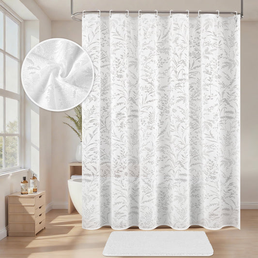 FRAMICS Vintage Lace Shower Curtain Sets with Rug and Hooks, Waterproof Fabric Semi Sheer Leaf Floral Bathroom Sets, Mold Resistant, White