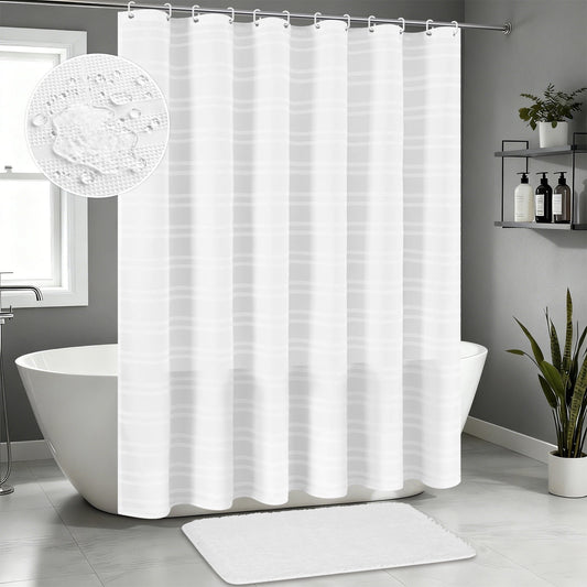 FRAMICS Waffle Weave Shower Curtain Sets with Rug, 14-Piece Striped Bathroom Sets with Hooks, Heavy-Duty Waterproof Fabric, Hotel Grade, White, 71.3" x 71.3"