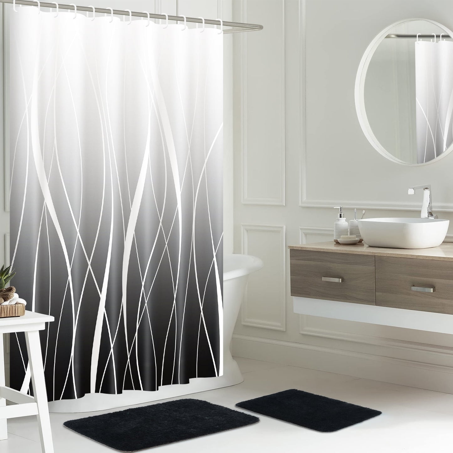 FRAMICS 15-Piece Ombre Black Shower Curtain Sets with Rugs, Waterproof Fabric Striped Gradient Bathroom Sets, 72" x 72"