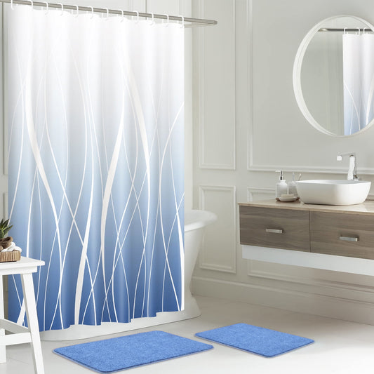 FRAMICS 15-Piece Ombre Blue Bathroom Sets with Shower Curtain and Rugs, Waterproof Fabric Striped Gradient Shower Curtain Sets, 72" x 72"