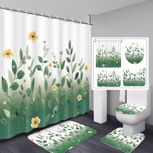FRAMICS 16-Piece Ombre Floral Shower Curtain Sets with Rugs, Green Eucalyptus Leaves Bathroom Sets, Waterproof Fabric Bathroom Curtain Decor with Hooks