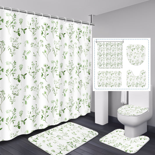FRAMICS 16-Piece Watercolor Floral Shower Curtain Sets with Rugs, Green Botanical Bathroom Sets, Waterproof Fabric Bathroom Curtain Decor with Hooks
