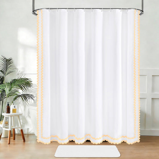 FRAMICS Beige Scalloped Fabric Shower Curtain Sets with Rug, 14 Piece Bathroom Sets with Hooks, Slub Textured Heavy-Duty & Waterproof, 72" x 72"