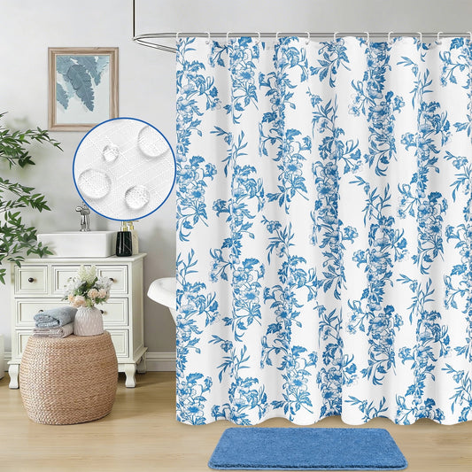 FRAMICS Slub Textured Fabric Shower Curtain Sets with Rug, 14 Piece Floral Bathroom Sets with Hooks, Heavy-Duty & Waterproof, Blue, 72" x 72"