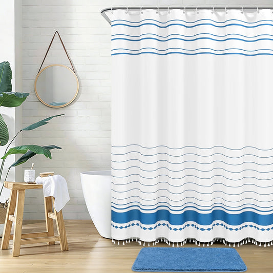FRAMICS Striped Tassel Shower Curtain Sets with Bath Rug, Boho Farmhouse Bathroom Sets with Hooks, Heavy-Duty Fabric Slub Textured, Water-Repellent and Washable, 72" x 72", Blue