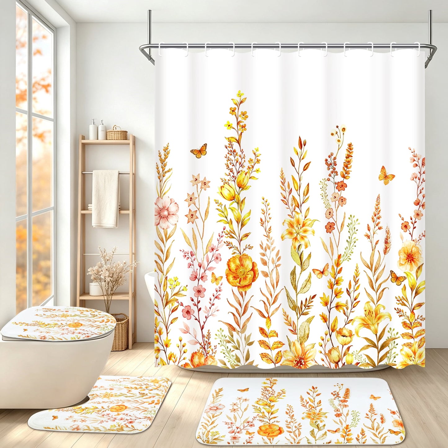 FRAMICS Fall Floral Shower Curtain Sets with Rugs, Waterproof Fabric Watercolor Flower Bathroom Sets with Hooks, Orange, 72" x 72"