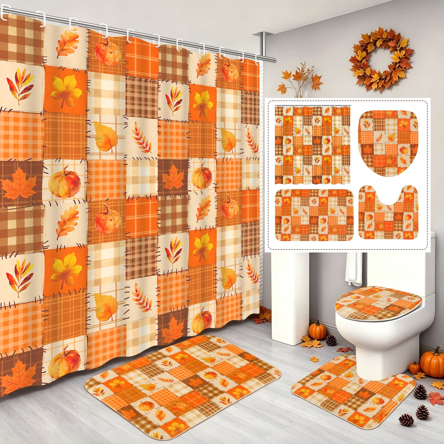 FRAMICS Fall Pumpkin Shower Curtain Sets with Non-Slip Rugs and Hooks, 16-Piece Thanksgiving Leaves Plaid Bathroom Sets, Waterproof Fabric Orange Bathroom Decor Set