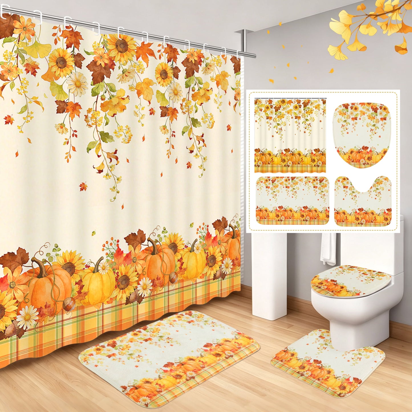 FRAMICS Fall Pumpkin Shower Curtain Sets with Rugs, 16-Piece Thanksgiving Sunflower Buffalo Plaid Bathroom Sets with Hooks, Waterproof Fabric Bathroom Decor Set