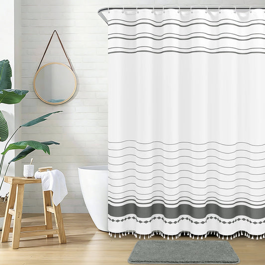 FRAMICS Striped Tassel Shower Curtain Sets with Bath Rug, Boho Farmhouse Water-Repellent Fabric Bathroom Sets with Hooks, Slub Textured Design, 72" x 72", Gray