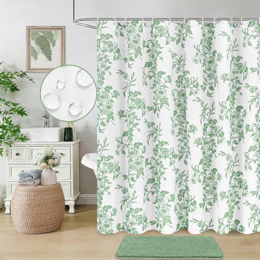 FRAMICS 14 Piece Floral Shower Curtain Sets with Rug, Slub Textured Heavy-Duty Fabric Bathroom Sets with Hooks, Waterproof & Washable, Sage Green, 72" x 72"