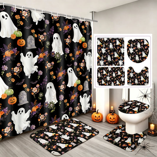FRAMICS Halloween Cute Ghost Shower Curtain Sets with Rugs, 16-Piece Spooky Floral Pumpkin Bathroom Sets with Hooks, Waterproof Fabric Bathroom Decor 72" x 72"