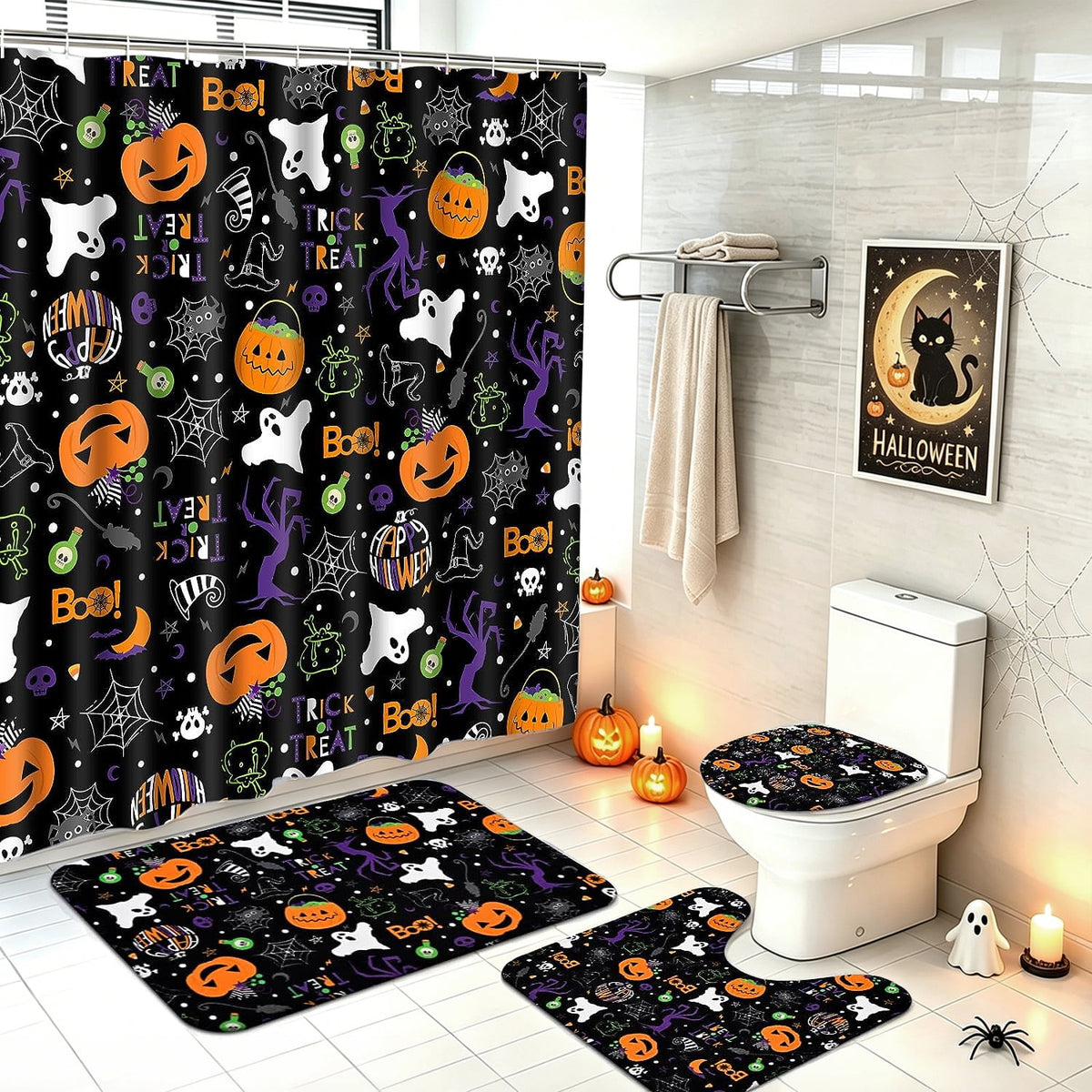 FRAMICS Halloween Shower Curtain Sets with Rugs, 16 Pc Pumpkin Spooky Ghost Bathroom Sets, Black Waterproof Fabric Shower Curtain with 12 Hooks and Toilet Rugs