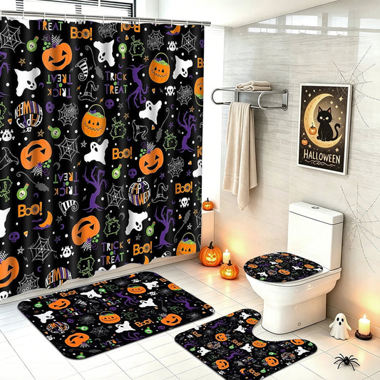 FRAMICS Halloween Shower Curtain Sets with Rugs, 16 Pc Pumpkin Spooky Ghost Bathroom Sets, Black Waterproof Fabric Shower Curtain with 12 Hooks and Toilet Rugs