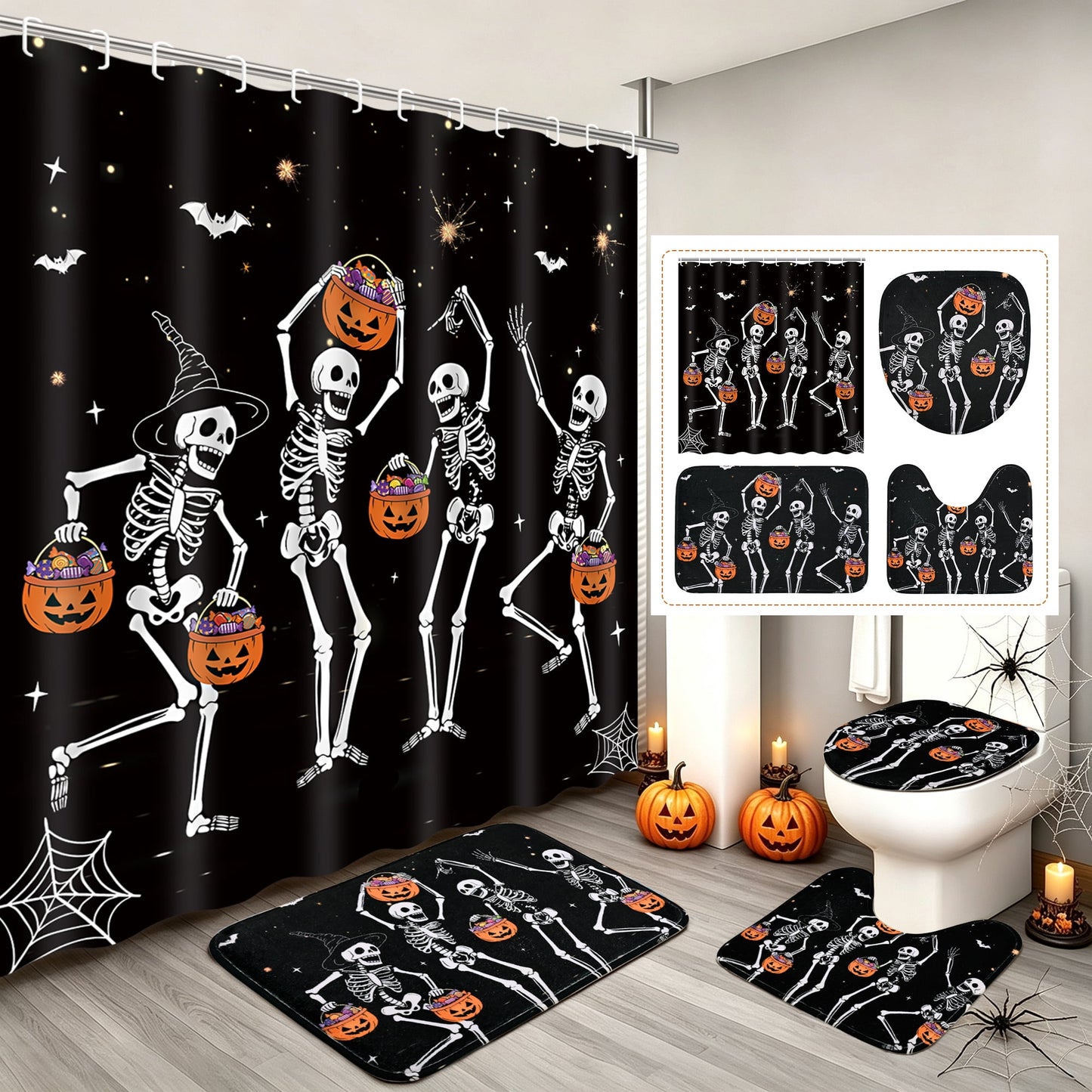 FRAMICS Halloween Skull Shower Curtain Sets with Rugs, 16-Piece Funny Skeleton Pumpkin Bathroom Sets with Hooks, Waterproof Fabric 72" x 72"