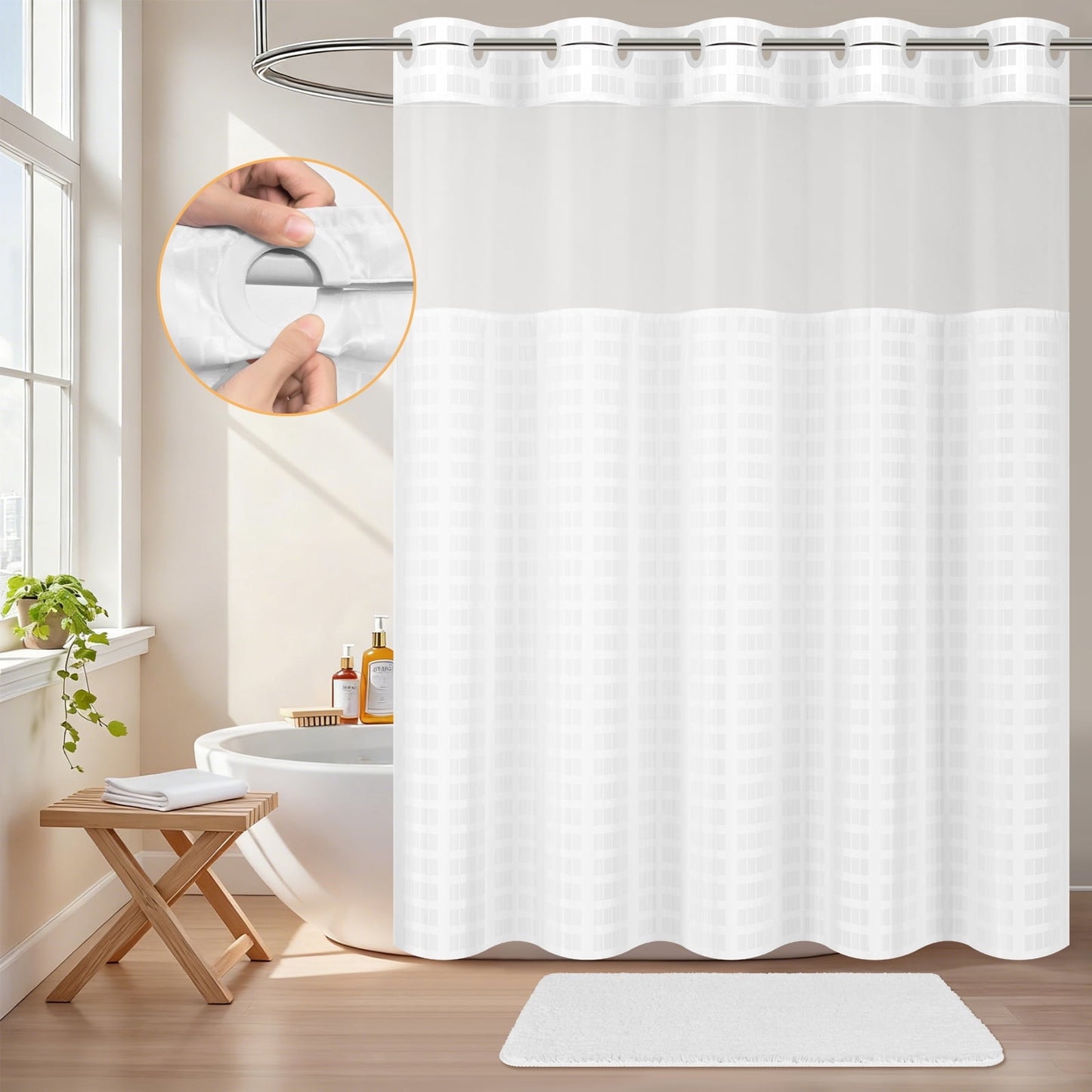 FRAMICS No Hook Shower Curtain Sets with Rug, Checkered Textured Waterproof Fabric Bathroom Sets with with Mesh Top Window, Hotel Grade, White, 70.9" x 74.8"