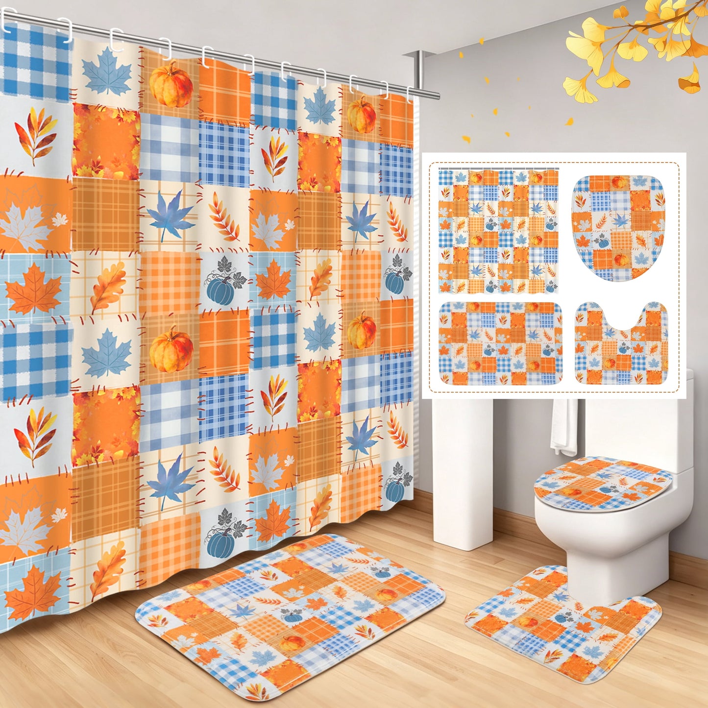 FRAMICS Thanksgiving Plaid Pumpkin Shower Curtain Sets with Rugs, 16-Piece Fall Leaves Bathroom Sets with Hooks, Waterproof Fabric Orange Blue Bathroom Decor Set