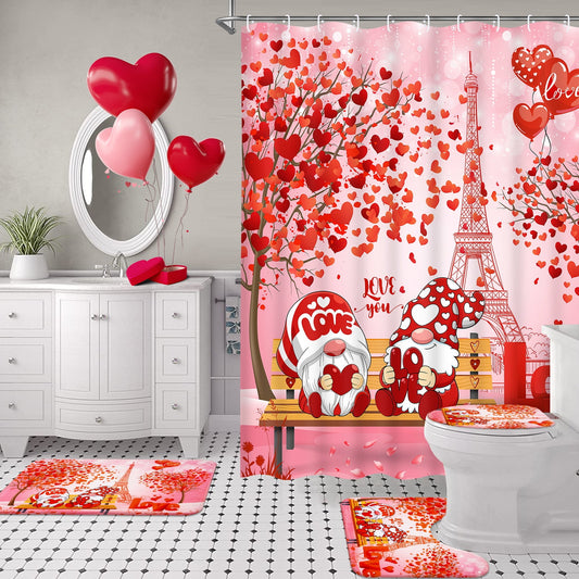 FRAMICS Valentine's Day Shower Curtain Sets with Rugs, 16 Pc Love Heart Gnomes Bathroom Sets with Hooks, Pink Eiffel Tower Waterproof Fabric Bathroom Decor Gift