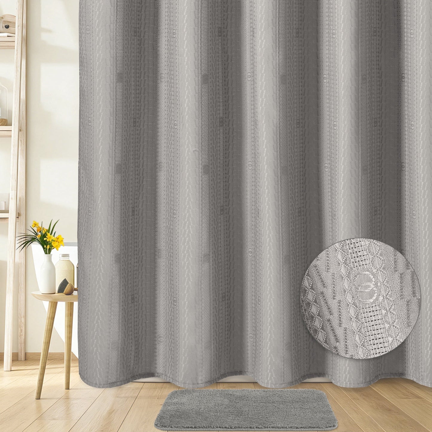 FRAMICS Waffle Shower Curtain Sets with Rug and Hooks, 14-Piece Thick Weighted Fabric Bathroom Sets, Wrinkle and Mildew-Resistant, Gray
