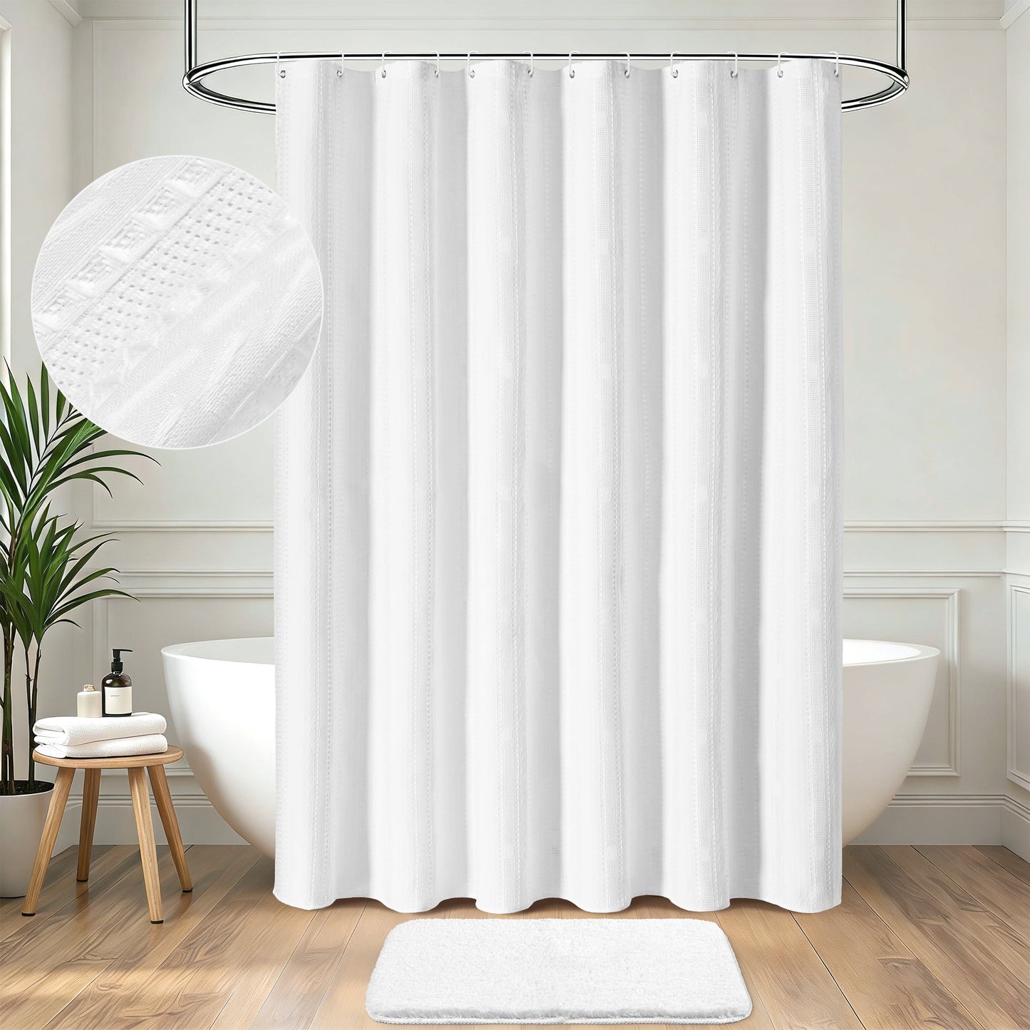 FRAMICS Waffle Shower Curtain Sets with Non-Slip Rug & 12 Hooks, Luxury Heavy Duty Waterproof Fabric Bathroom Sets, 72" x 72", White