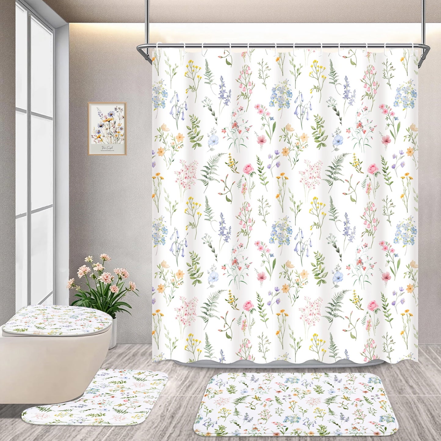 FRAMICS Watercolor Floral Shower Curtain Sets with Rugs, Colorful Wildflower Bathroom Sets with Hooks, Waterproof Fabric Bathroom Curtains, Machine Washable
