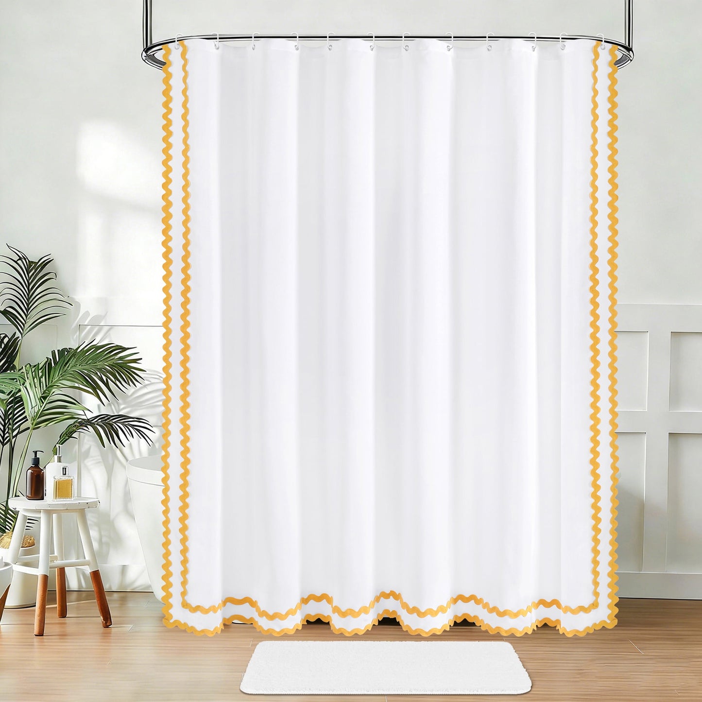 FRAMICS Yellow Scalloped Fabric Shower Curtain Sets with Rug, 14 Piece Bathroom Sets with Hooks, Slub Textured Heavy-Duty & Waterproof, 72" x 72"
