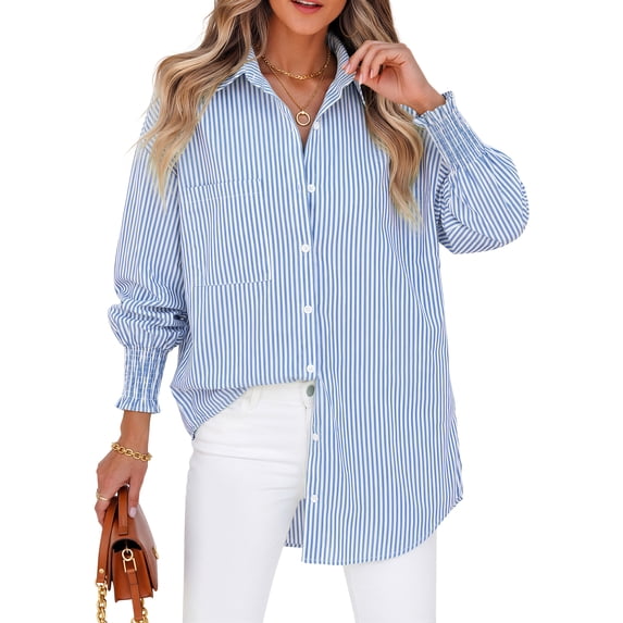 Gingprous Women Striped Button Down Shirt Oversized Long Sleeve Blouse with Smocked Cuffs Pocket