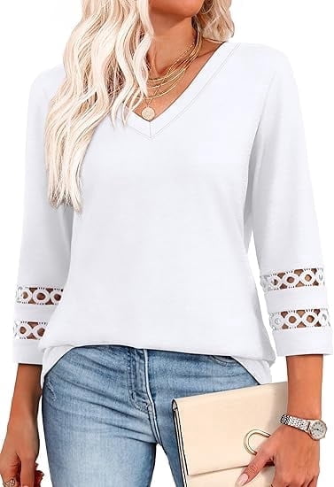 Gingprous 3/4 Sleeve Womens Hallow Out Sleeve Tops V Neck Tunic Blouse Curved Hem Casual Shirt