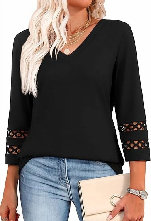 Gingprous 3/4 Sleeve Womens Hallow Out Sleeve Tops V Neck Tunic Blouse Curved Hem Casual Shirt