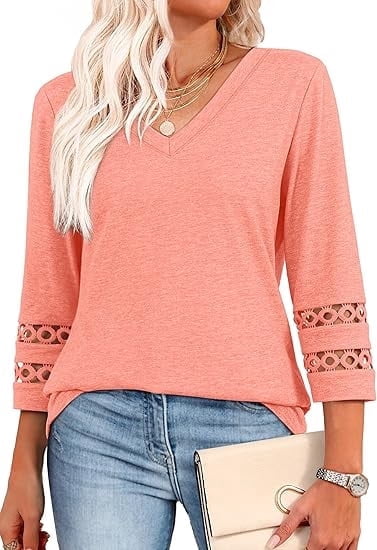 Gingprous 3/4 Sleeve Womens Hallow Out Sleeve Tops V Neck Tunic Blouse Curved Hem Casual Shirt