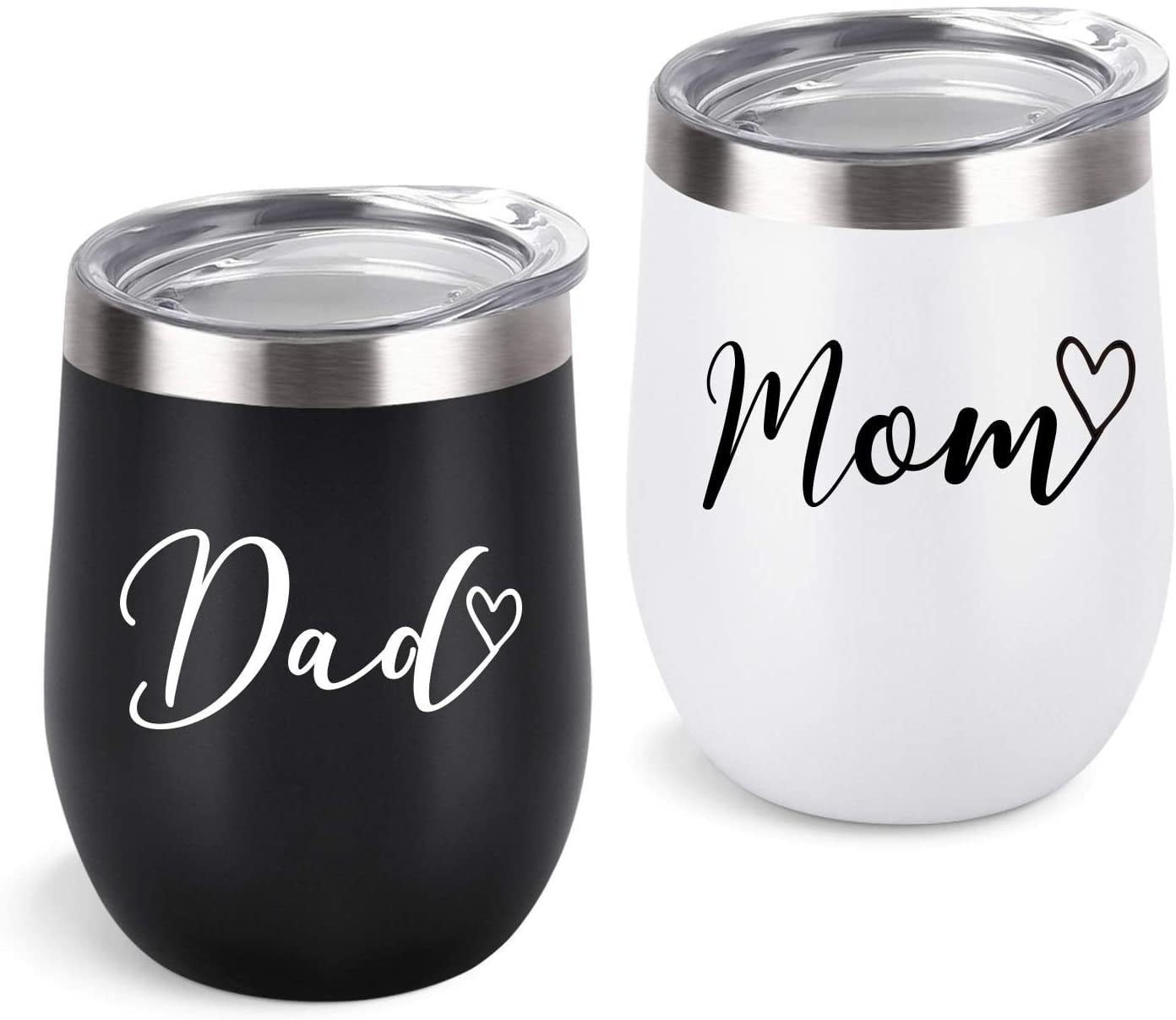 Gingprous 12oz Stainless Steel Wine Tumbler with Lid , Mom and Dad Insulated Tumbler Set , Funny Christmas Gifts , Black and White