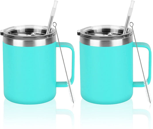 Gingprous 2 Pack 12 oz Stainless Steel Tumblers with Lids Straws, Double Wall Vacuum Insulated Camping Mug Thermal Coffee Mug for Coffee, Tea, Hot and Cold Drinks, Lake Blue