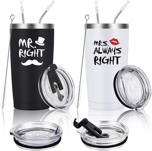 Gingprous 2 Pack 20 oz Mr. Right Mrs. Always Right Stainless Steel Travel Tumblers Set with Lids Straws , Black&White