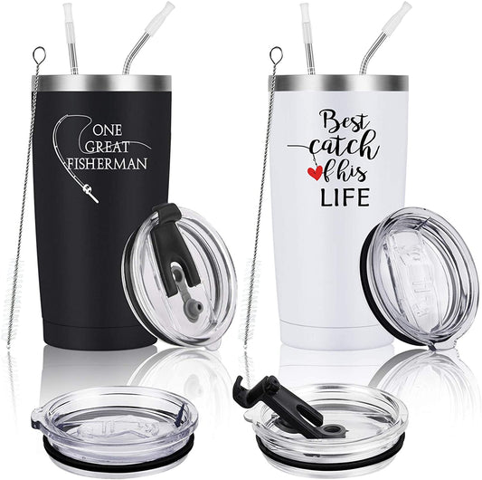 Gingprous 20 oz 2 Pack Stainless Steel Tumbler with Straws and Lids , Double Wall Travel Tumblers, Vacuum Insulated Tumblers, Insulated Coffee Cup for Couple，Black and White