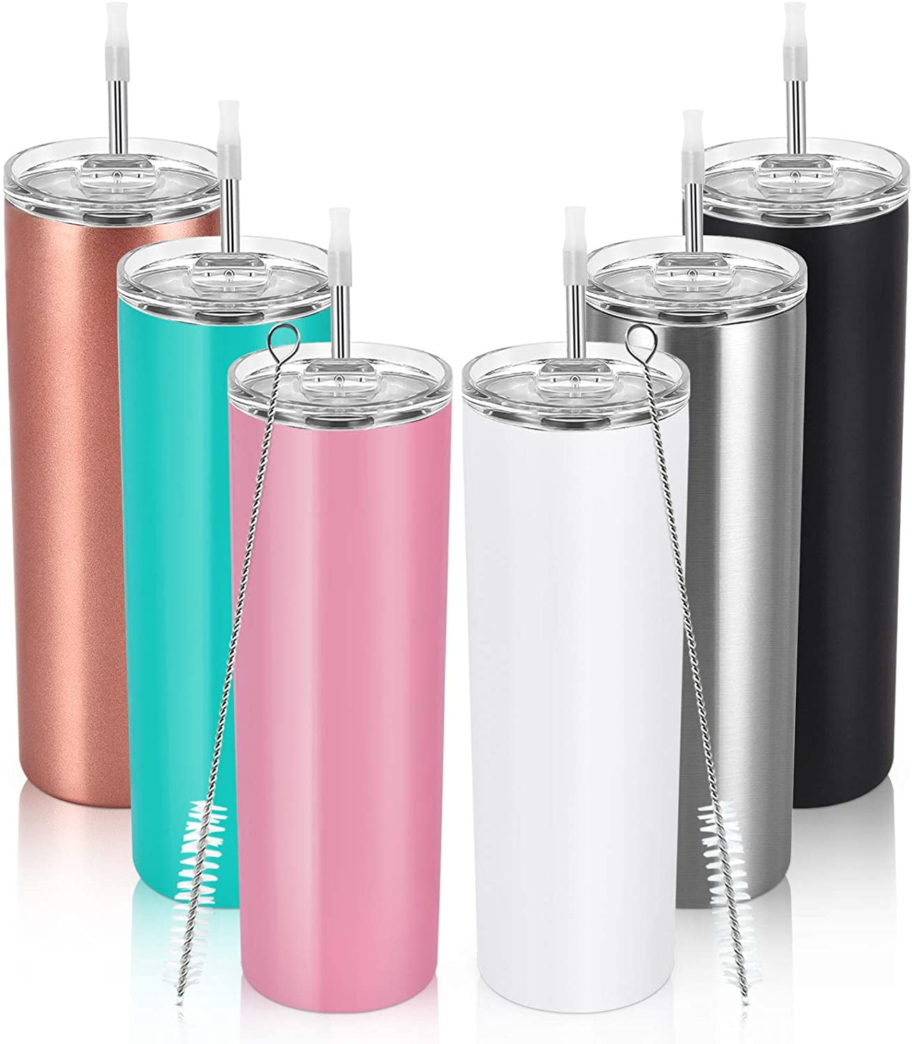 Gingprous 20oz Stainless Steel Skinny Tumbler, 6 Pack Double Wall Insulated Tumblers with Lid and Straw, Water Tumbler Cup, Slim Vacuum Travel Tumbler for Coffee Wine Drinks , Multicolor