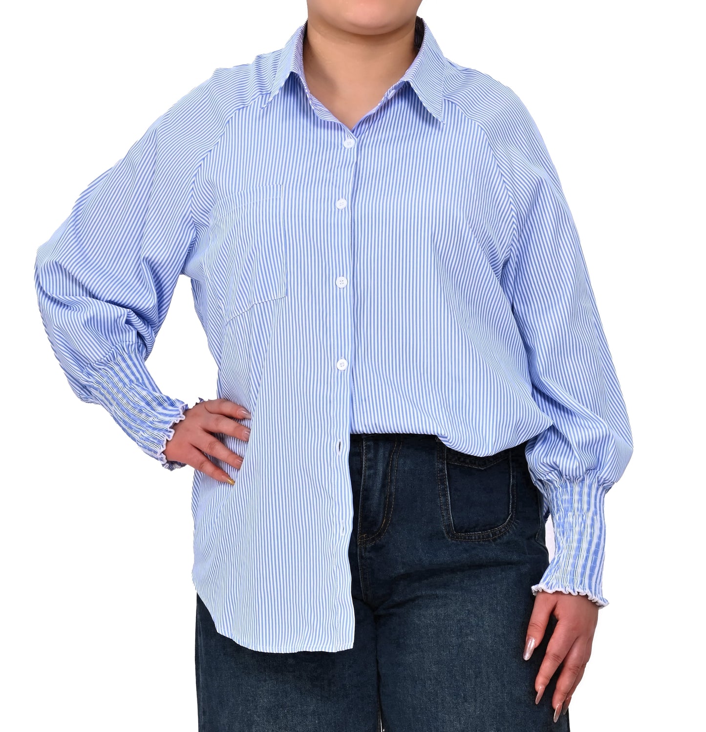 Gingprous Casual Button Down Shirt for Women Long Sleeve Oversized Striped Shirt with Pocket Smocked Cuffed Boyfriend Shirt
