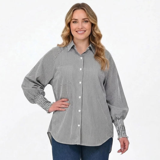 Gingprous Womens Casual Striped Button Down Shirt Long Sleeve Smocked Cuffed Blouse with Pocket Oversized Boyfriend Fit Top