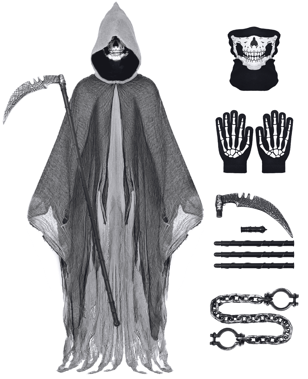 MecTo Halloween Grim Reaper Costume Adults, Scary Hooded Cloak with Skull Mask, Scythe, Gloves, Chain Cuffs